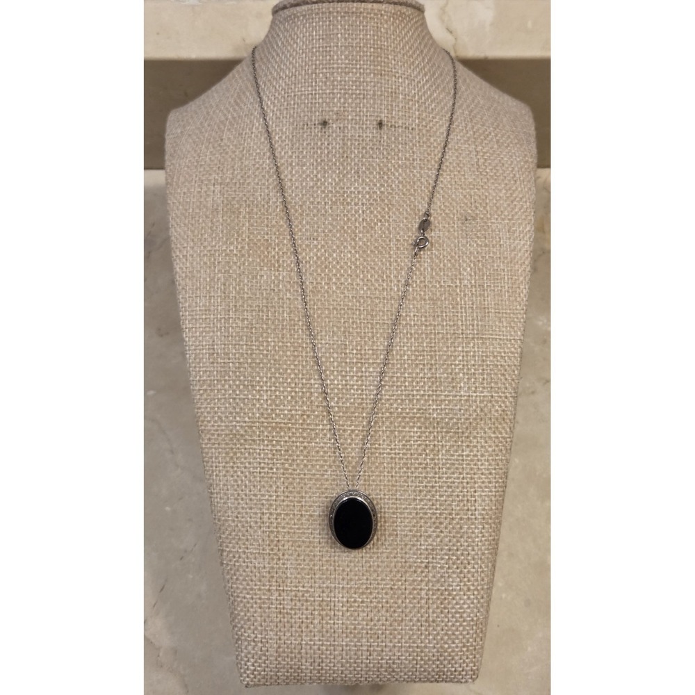 Vintage Sterling‎ Silver & Black Onyx Pendant / Brooch 18" Sterling Chain